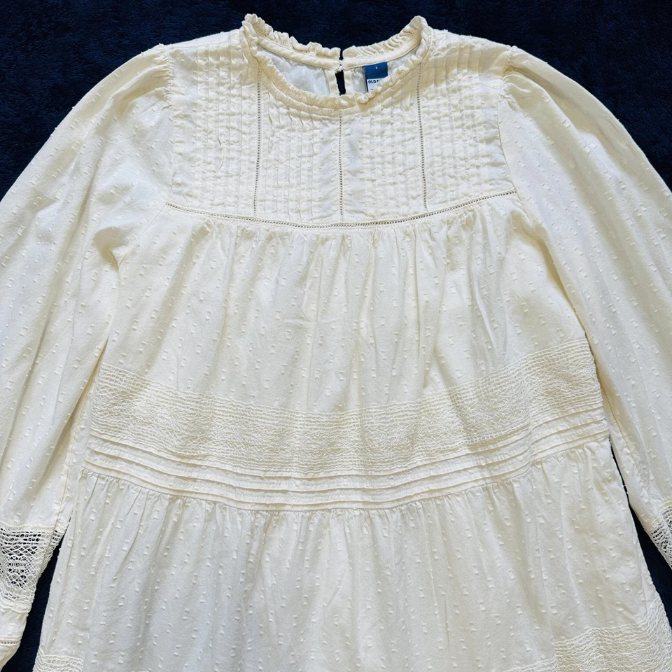 Antiguo Vestido Azul Marino Para Mujer Pequeño Crema L/S Encaje Boho Pintuck Pradera Babydoll En Niveles Foto 4 de 4