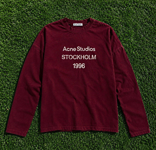 Acne Studios, Acne Studios Men’s Stockholm 1996 Burgundy Crew Neck Long Sleeve Graphic Tee