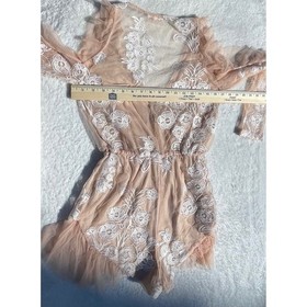 Luxxel Blush Nude Floral Embroidered Mesh Romper Cold Shoulder Ruffle Small