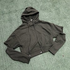 Alo Yoga Women s Green Solid Fleece Cropped Pullover Hoodie Drawstring Size : M