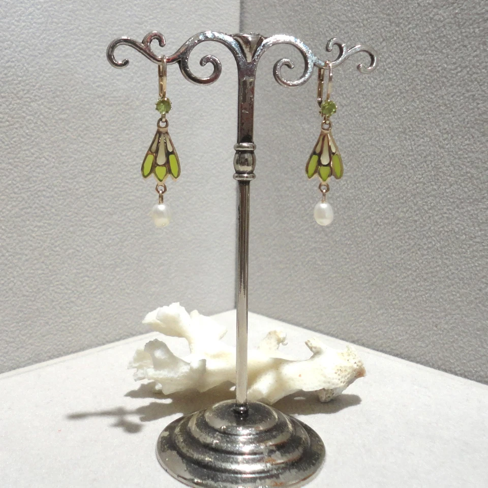 Jugendstil Schmuck Peridot Ohrringe Perle Emaille Silber 925/- gelb vergoldet - Bild 1 von 4