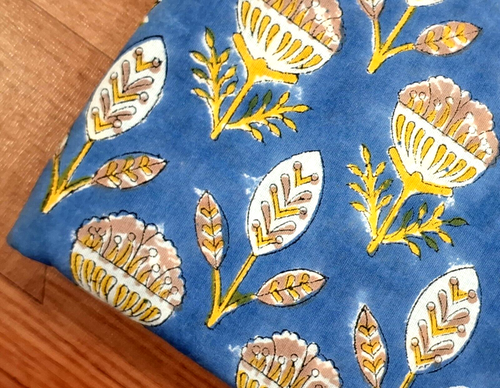 Blue Yellow By the Yard Indian Block Print Floral Fabric for Sewing Clothing - Picture 4 of 10