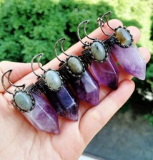 10pcs Amethyst Labradorite Stone Pendants Hexagon Moon Reiki Healing Amulet