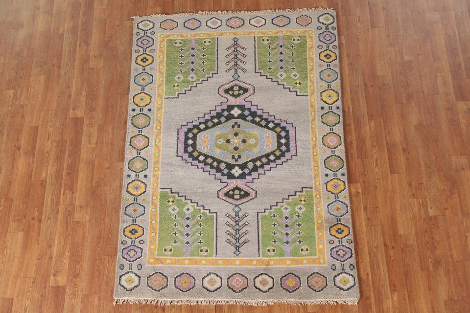 Dining Room Area Rug 4x6 ft.Gray/Green Geometric Kazak Oriental Handmade Wool - Image 3 of 4