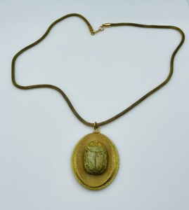 Authentic Miriam Haskell Vintage Gold Plated Egyptian Scarab Necklace