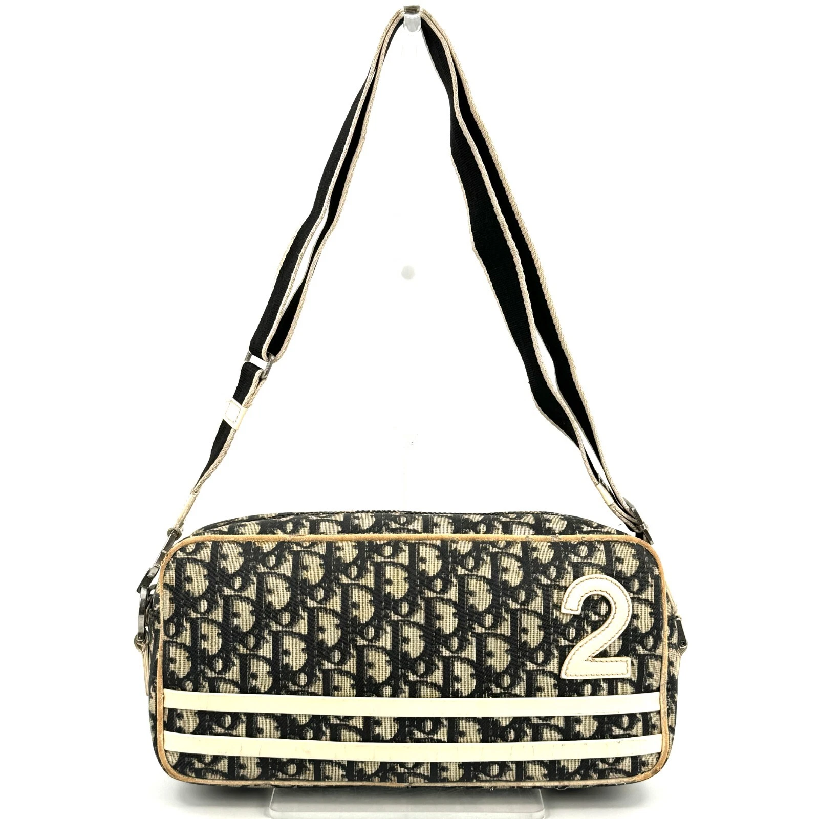 Sac bandoulière Christian Dior motif trotteur numéro 2 bleu marine blanc PCV cuir