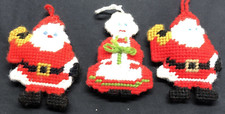 Set Of 3 Handmade Santa  Mrs Clause Needlepoint Christmas Ornaments 2 Sided.