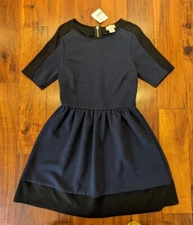 NWT Love Ady Navy + Black Embossed Knit Dress Fit & Flare Mini Poof Size Medium 