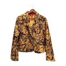 Boho Velvet Blazer Size 12 Yellow & Brown Floral A-line Jacket Zip Front Pockets