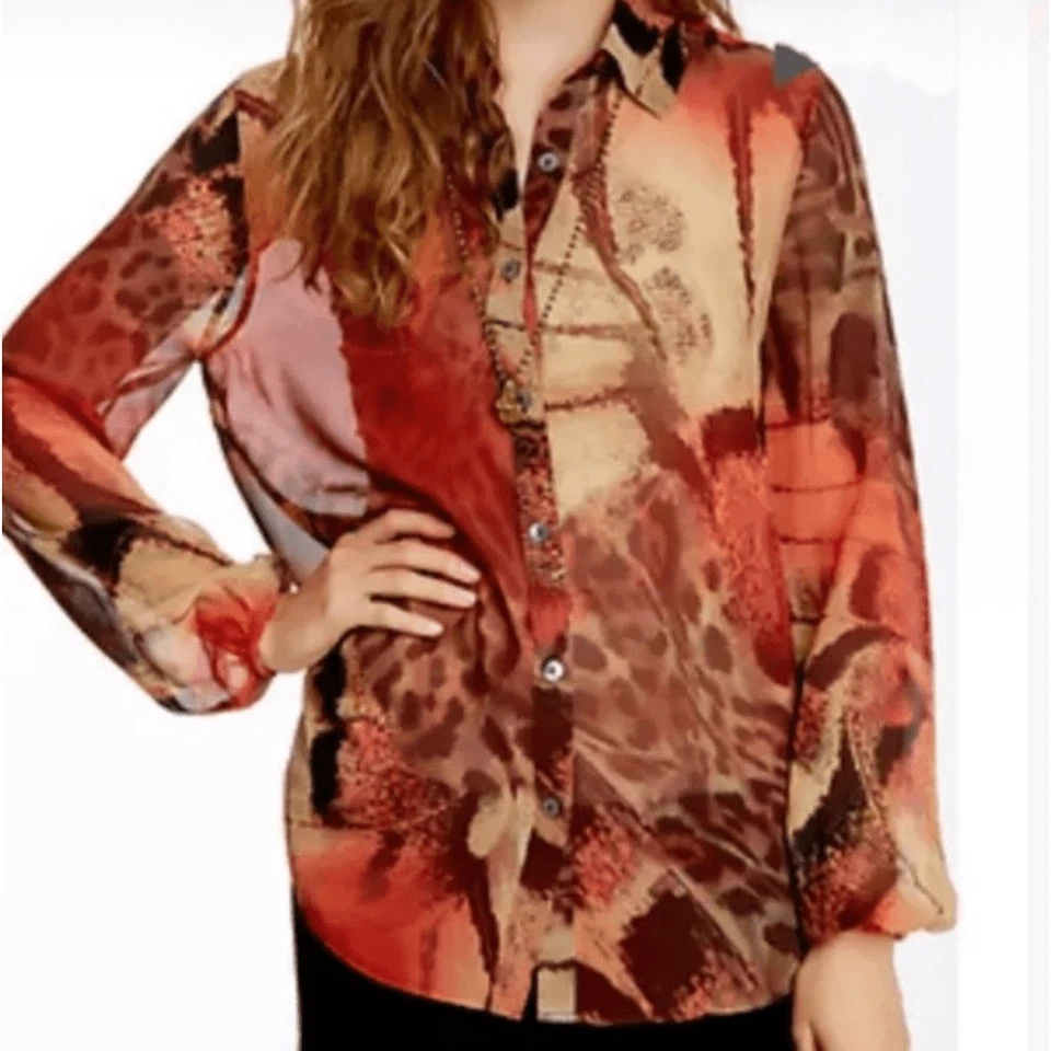 Camisa Blusa Da Nang Roja y Marrón Seda Fluida Con Botones Manga Larga Talla XS Foto 2 de 4