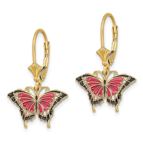 Pendientes colgantes y colgantes de oro amarillo de 14k esmaltados rosa mariposa con cierre de palanca 1,77 g - Imagen 2 de 4