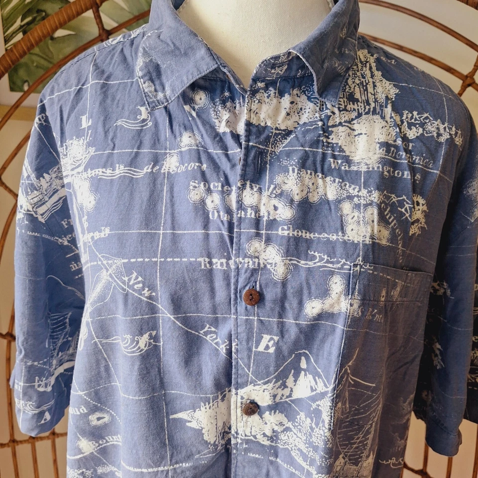 Quiksilver Waterman Collection Blue Atlas Print Shirt L Button Up Loud Print EUC - Image 3 of 4
