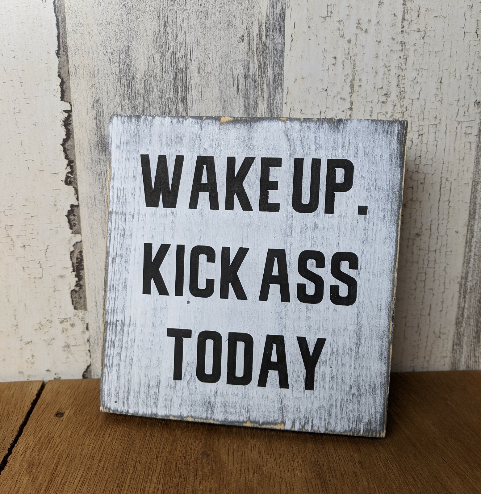 Funny Motivational Wake Up Kick Ass Today Rustic Wood Farmhouse Sign Decor  -image