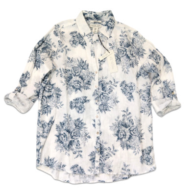 Rachel Zoe Linen Button Up Top Size M NWT Floral Toile Print Roll Tab Sleeves