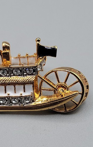 Vintage L-S Louis Stern Steamboat Brooch Pin Rhinestone Studded Gold Tone Estate - Picture 6 of 9