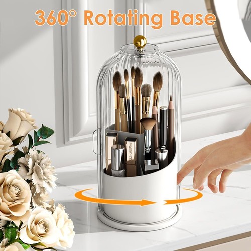 360° Rotating Makeup Brush Holder With Lid Luxury Cosmetic Organizer Storage Box - Picture 2 of 11