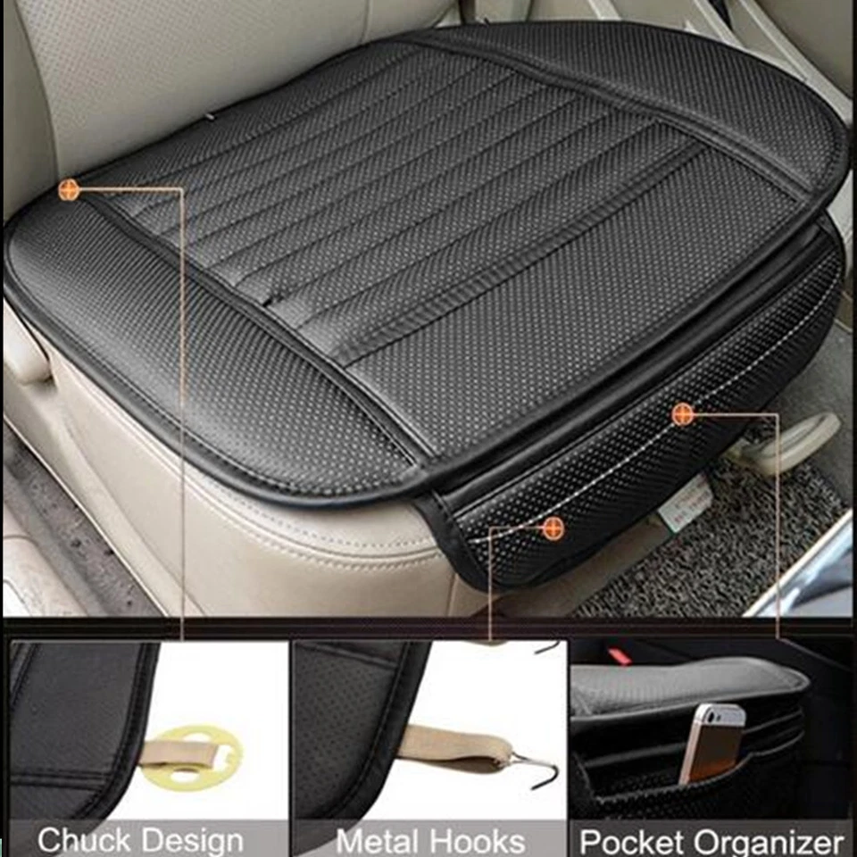 Cojín de asiento de cuero PU para automóvil de 1 pieza transpirable suave cubierta alfombrilla de bambú carbón Foto 3 de 4