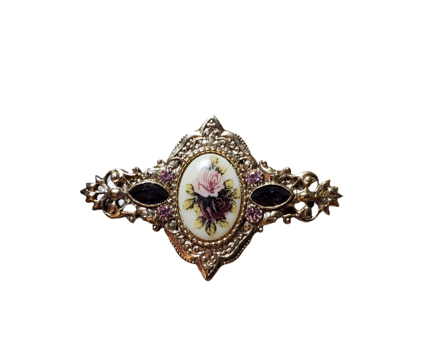 Vintage Victorian Rose Brooch Pin Gold Tone Purple Rhinestone Estate Jewelry-image