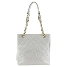 CHANEL PST Chain Tote Shoulder Bag White Caviar skin Women
