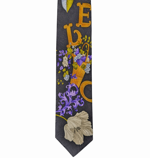 LEONARD PARIS Silk tie Deco design with white-purple flowers & gold letters-EUC