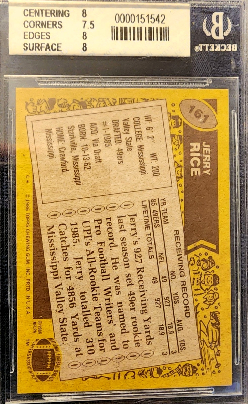 1986 Topps Jerry Rice Becket BGS 8 RC TD KING! HOF view 2