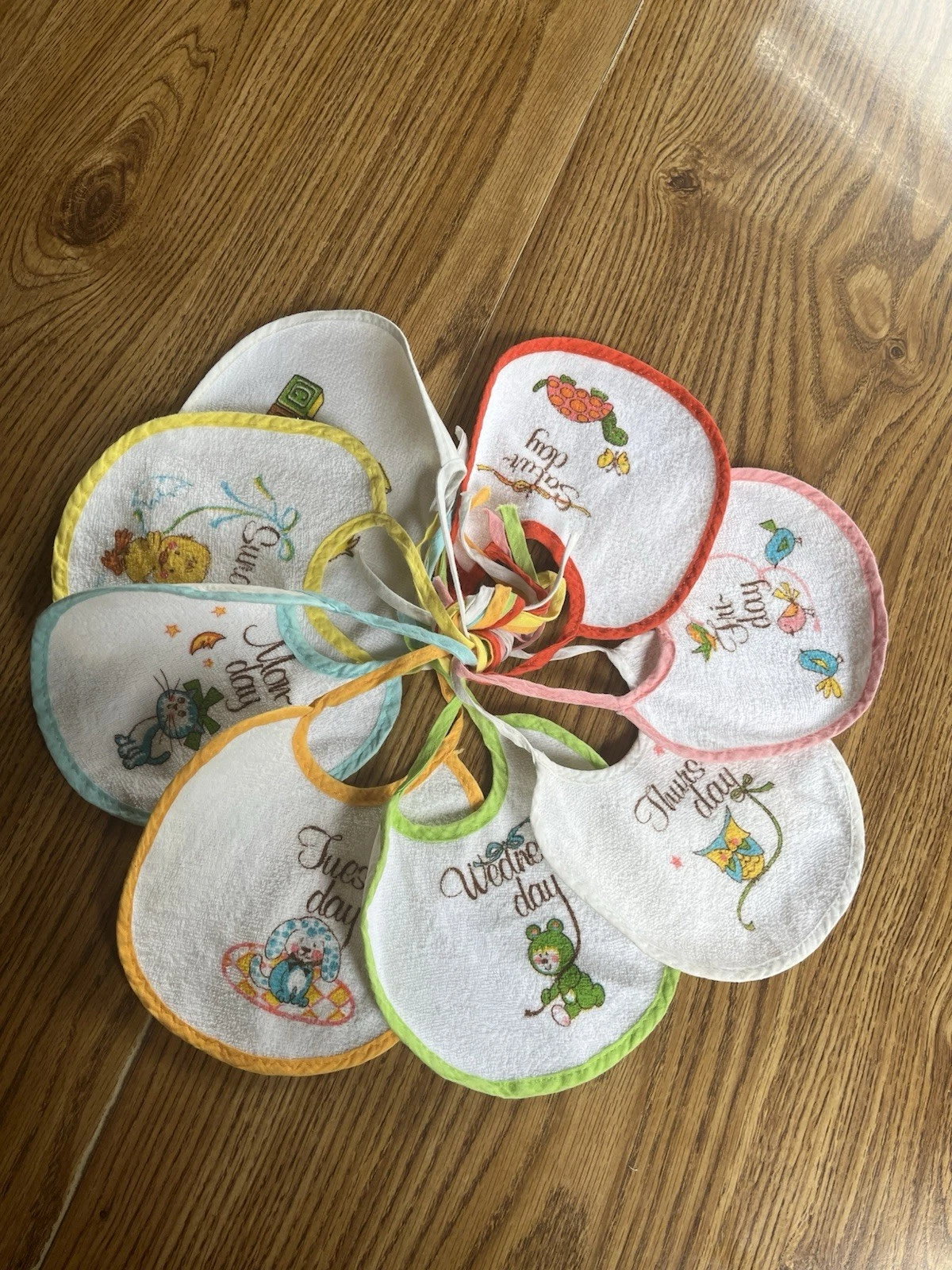 Vintage Baby Bibs 1970s Fabric & Plastic, Days of the week, 8 Bibs Total
Opens in a new window or ta