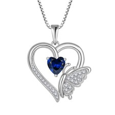 Heart Butterfly Necklace for Women 925 Sterling Silver Heart Pendant Sapphire...