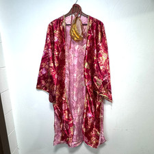 Red Gold Floral Asian Style Robe Kimono Halloween Costume With Sheer Scarf Trim