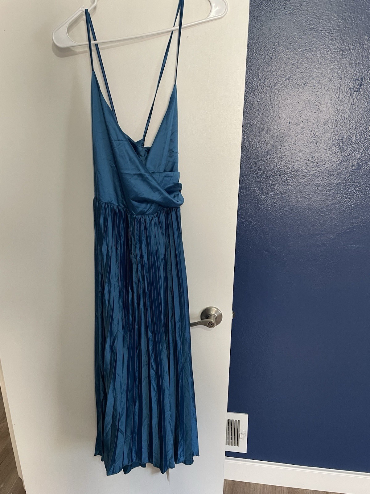Halara Pleated Midi Dress Women Xl Blue Satin Lace Up Back Spaghetti Strap NWT