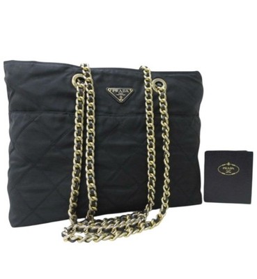 PRADA Black Shoulder Bag Triangle Logo Women's Handbag Zip Closure Authentic