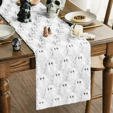 Ghost Soft Plush Faux Fur Jacquard Halloween Table Runner Holiday 13x72 Inch