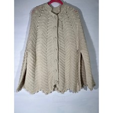 VTG Handmade Crochet Cape Poncho Neutral Beige Button Front Scalloped Hem Iconic