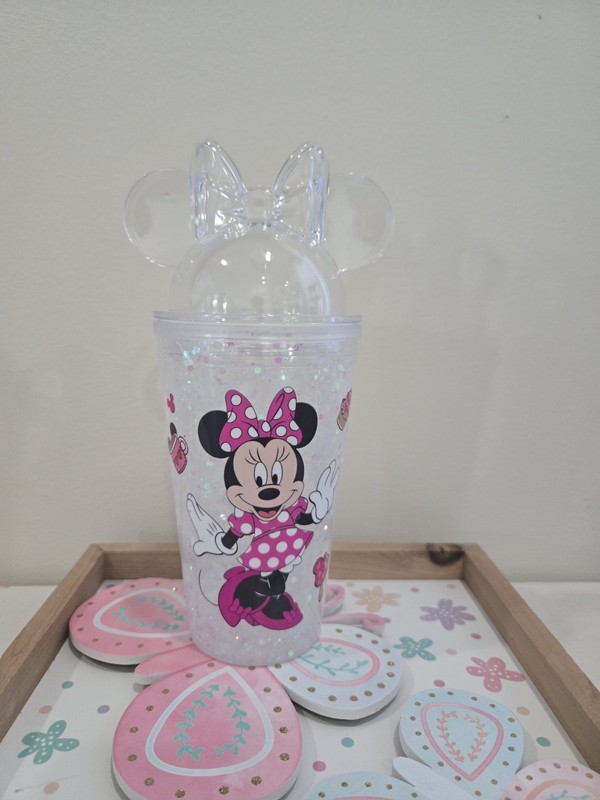 Disney Minnie Mouse Glitter Tumbler Cup w/ Straw & Bow Ears Lid