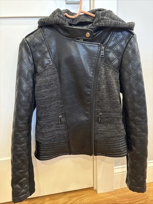Women s Bebe Leather Sweater Knit Black Moto Bomber Style Zip Jacket Size S