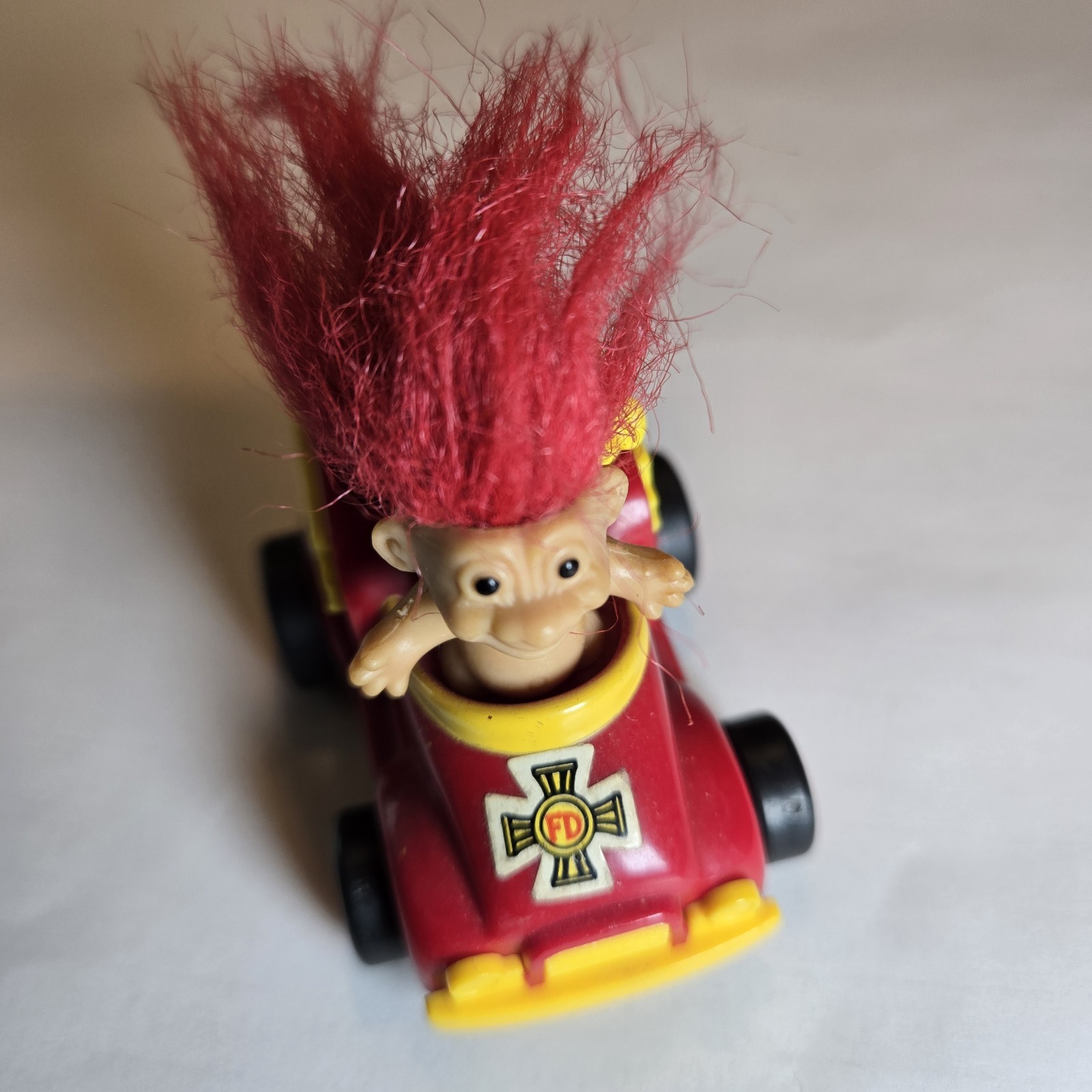 RUSS SL Red Hair Troll Driving Fire Truck Pull Back Toy 2" x 1.5" Rare Find