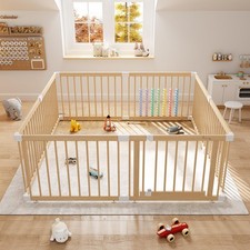 Large Wooden Baby Playpen - Size Adjustable Fence for Babies and Toddlers, Ba...