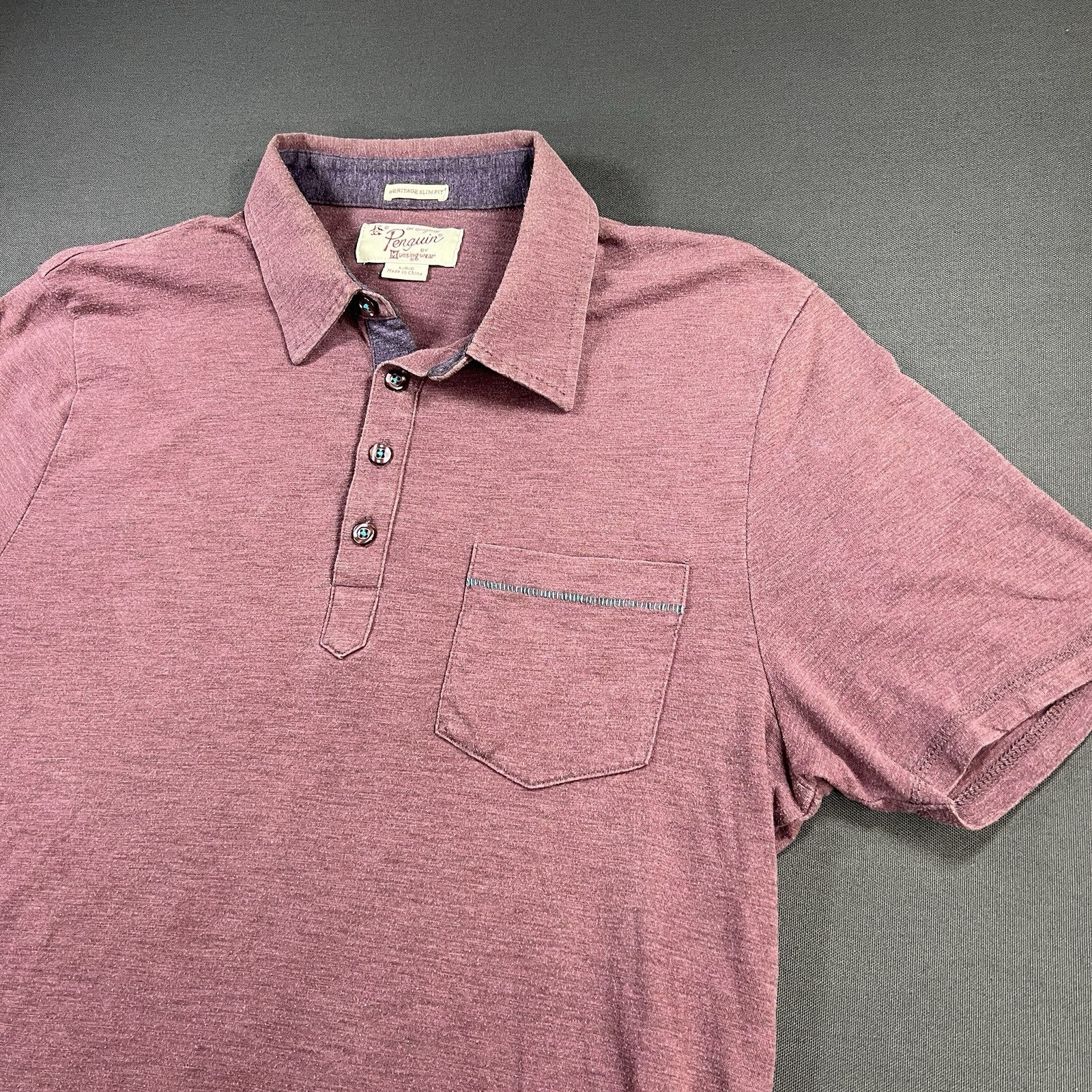 Original Penguin Heritage Slim Fit Polo Shirt Men’s Large Burgundy Heather Pkt