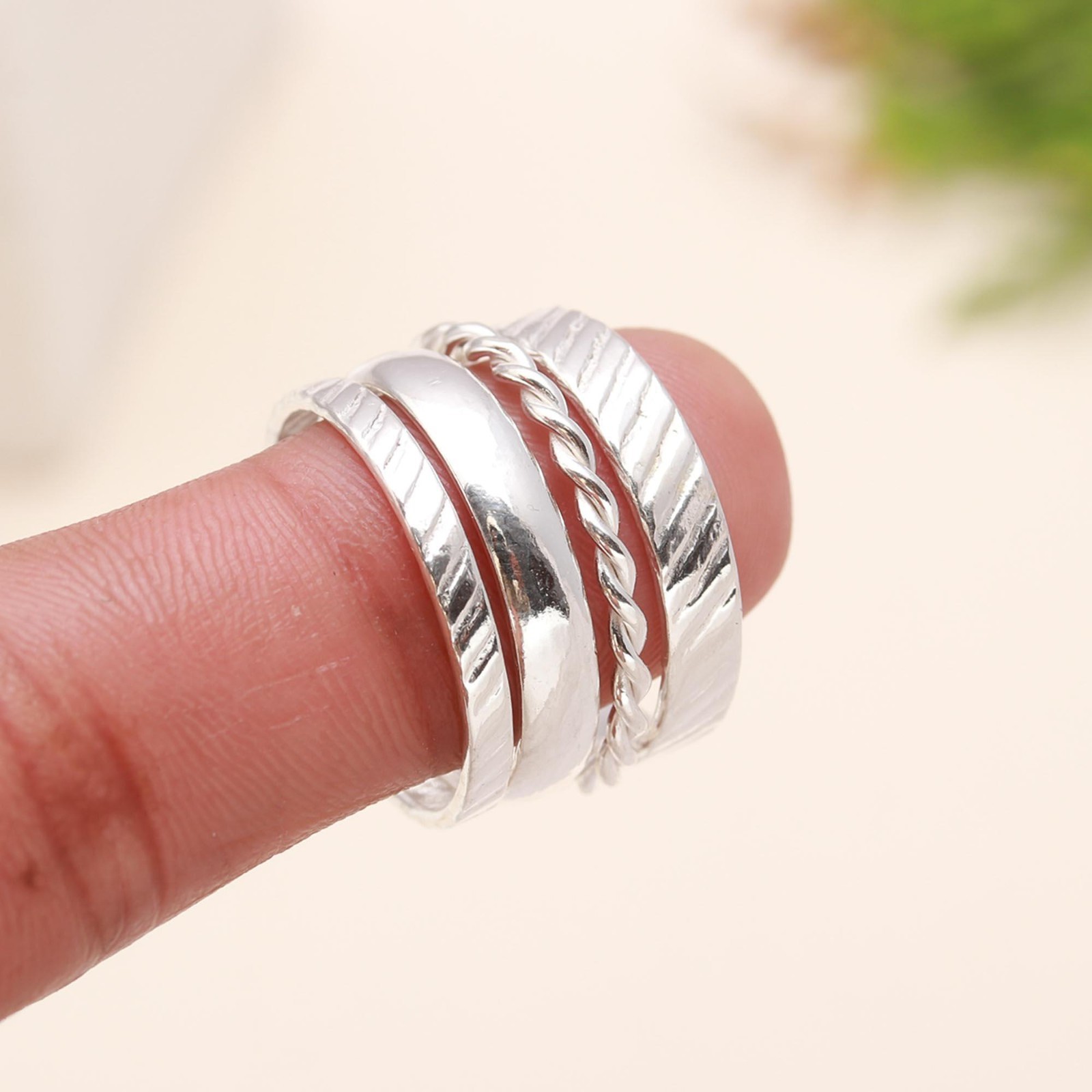 4PCS/SET 925 Sterling Silver Mixed Stackable Set Hammer Round Ring For Women