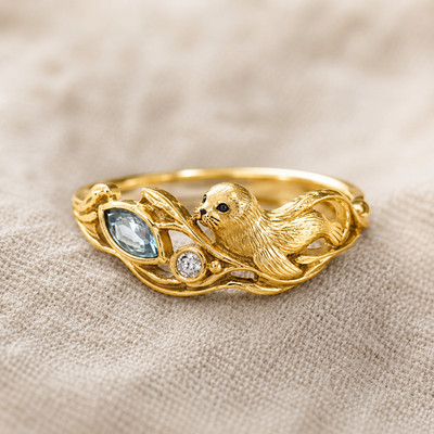 Seal Ring Silver Ocean Animal Band with Blue Stone and Wave Detailed Ring