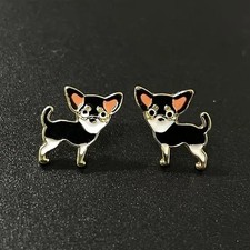 Chihuahua Dog Stud Earrings Gold Tone Black Enamel Puppy Jewelry
