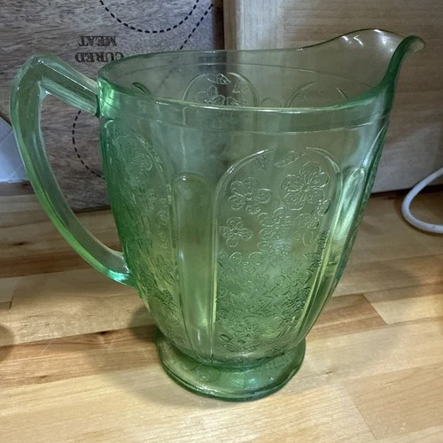 Jeanette Glass Co. Uranium Green Etched Cherry Blossom Pitcher 1930s