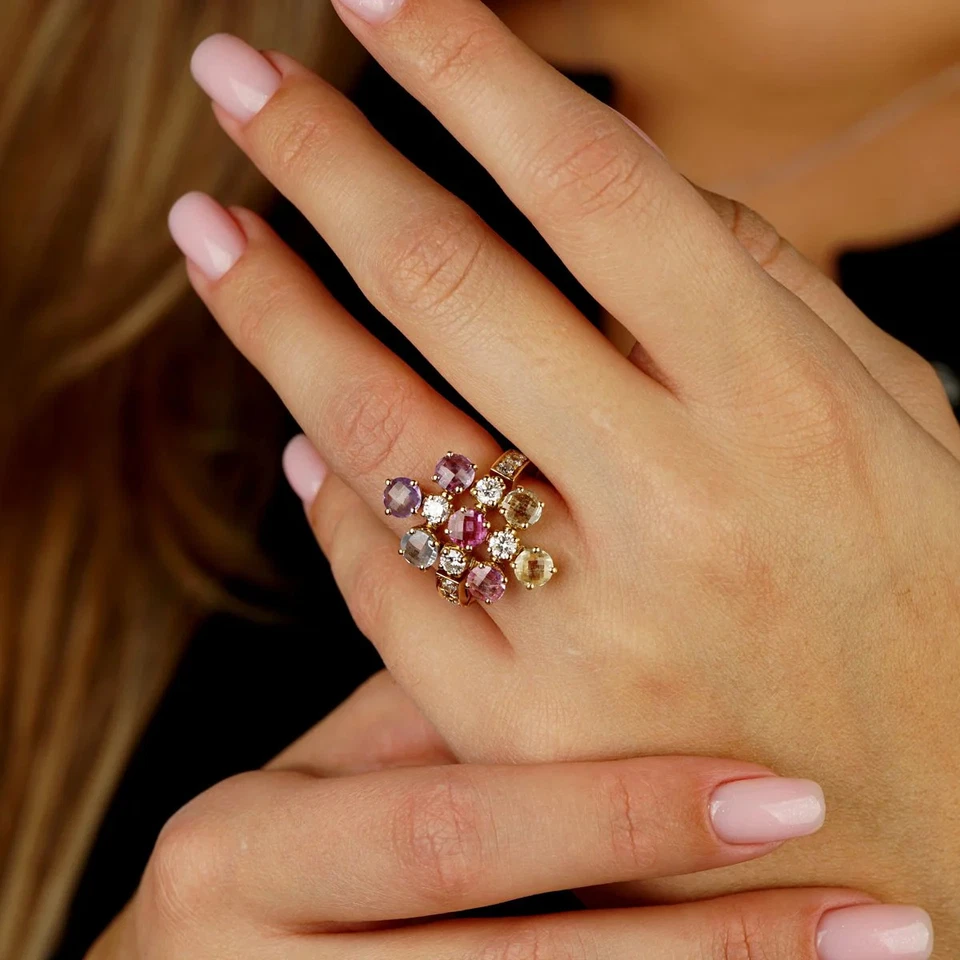 Кольцо из желтого золота 18 карат с несколькими драгоценными камнями бриллиантами Bvlgari размер 5 1/2 - Изображение 2 из 4