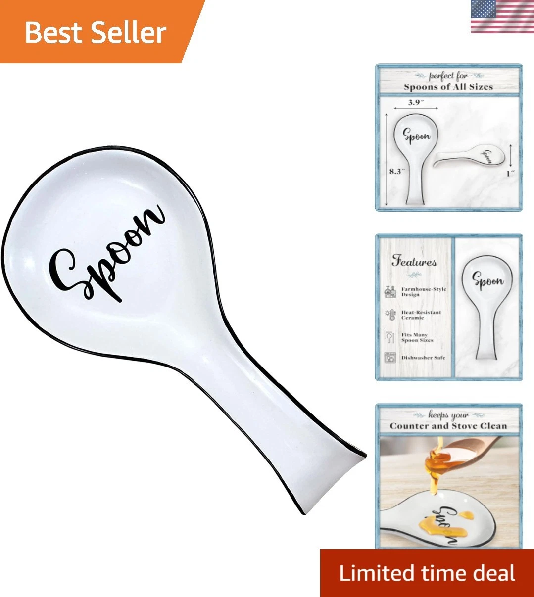 Spoon Rest For Kitchen Counter & Stove Top - White Ceramic Spoon Holder for C...