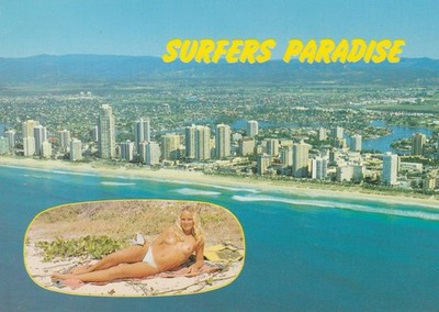 1984 Surfers Paradise Gold Coast QLD nackte Strandfrau Luftaufnahme Postkarte