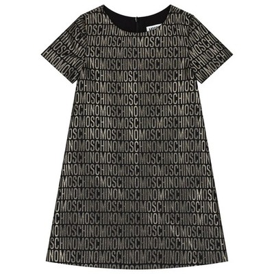 Moschino Black Gold Logo Print Short Sleeve A-Line Dress Round Neck