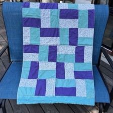 Handmade Patchwork Quilt Throw Teal Purple Floral Tied Cottage Lap Blanket 49x28
