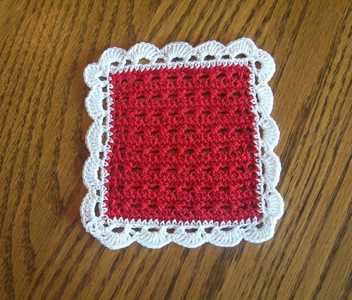 Red & White Square Crocheted Coaster - Picture 2 of 2