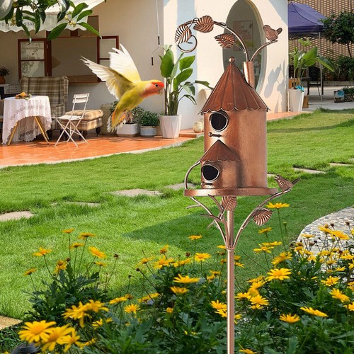Birdhouse Garden Stakes Metal Bird House with Pole for Outdoor Yard Garden (A) * - Picture 9 of 9