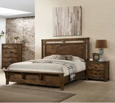 3pc Rustic Style Bedroom Set Brown King Panel Bed Chest Nightstand Solid Wood