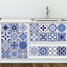 24pcs 4"x4" Spanish Moroccan Blue Peel and Stick Tiles Sticker Backsplash Decals